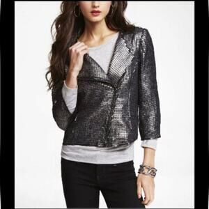 XS NWOT Express moto jacket, black & silver sequins, asymetrical zip